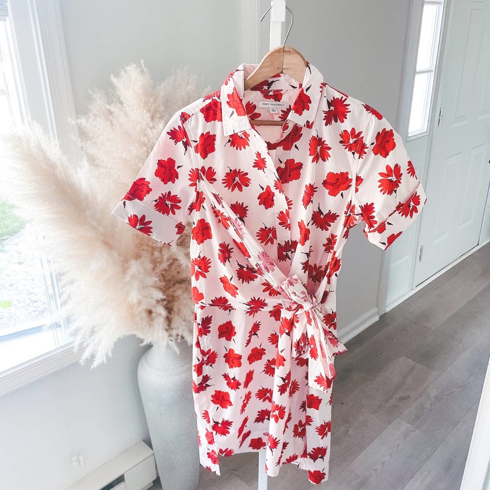 [SOLD] Floral Wrap Shirt Dress Womens XS White Red - Picture 5 of 13